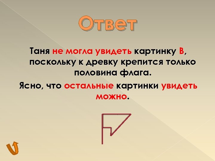Ответ Таня не могла увидеть картинку В, поскольку к древку крепится только половина флага.