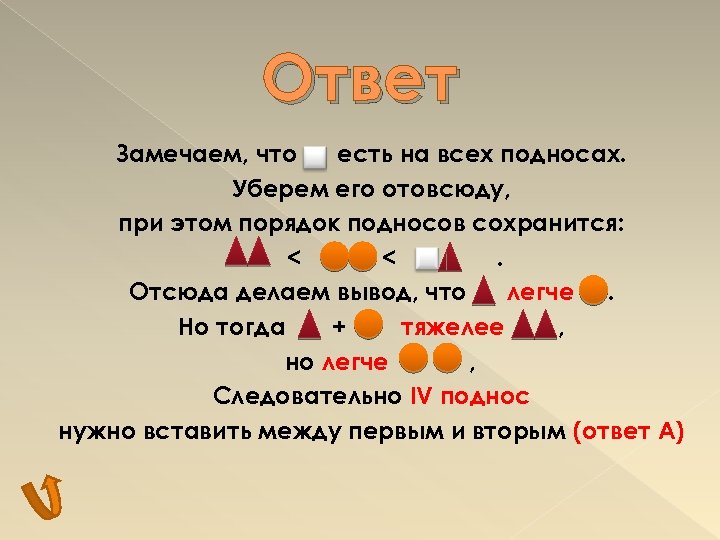 Ответ Замечаем, что есть на всех подносах. Уберем его отовсюду, при этом порядок подносов