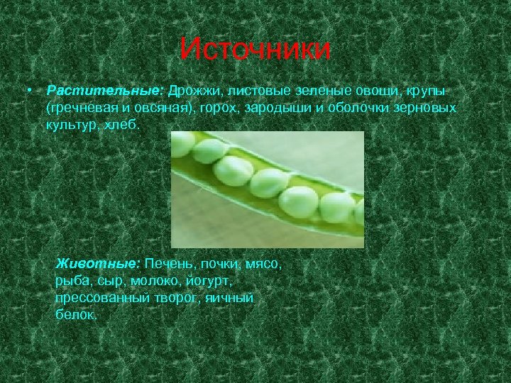 Источники • Растительные: Дрожжи, листовые зеленые овощи, крупы (гречневая и овсяная), горох, зародыши и