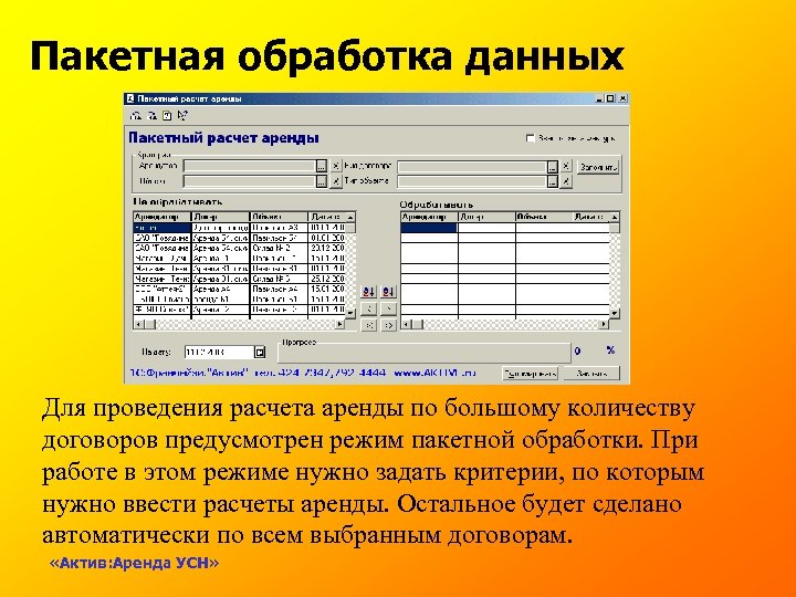 Пакетная обработка данных Для проведения расчета аренды по большому количеству договоров предусмотрен режим пакетной