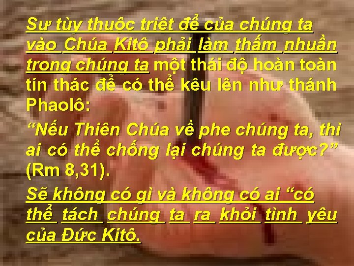 Sự tùy thuộc triệt để của chúng ta vào Chúa Kitô phải làm thấm