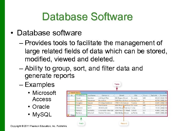 Database Software • Database software – Provides tools to facilitate the management of large