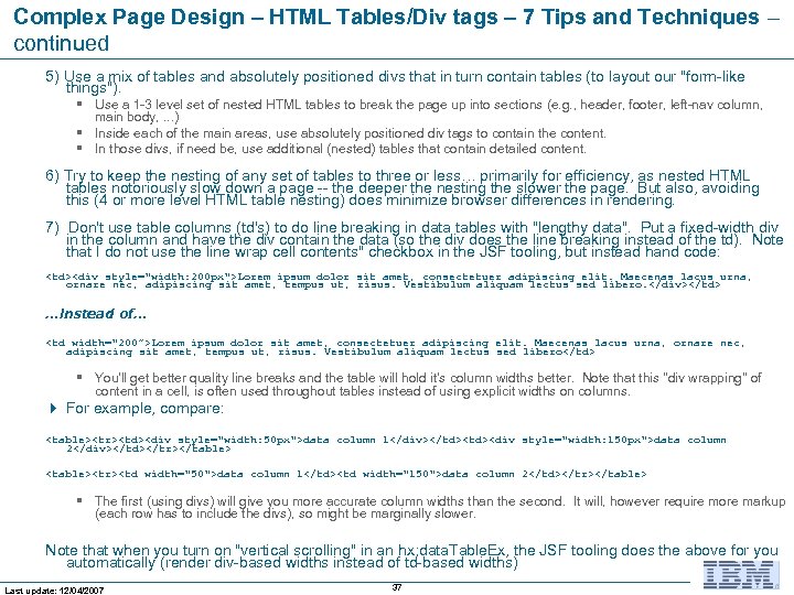 Complex Page Design – HTML Tables/Div tags – 7 Tips and Techniques – continued