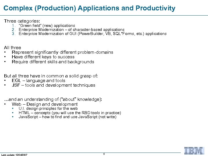 Complex (Production) Applications and Productivity Three categories: 1. “Green field” (new) applications 2. Enterprise