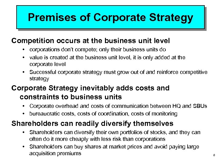Premises of Corporate Strategy Competition occurs at the business unit level • corporations don’t