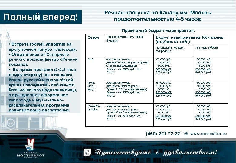 Речная прогулка по Каналу им. Москвы продолжительностью 4 -5 часов. Полный вперед! Примерный бюджет