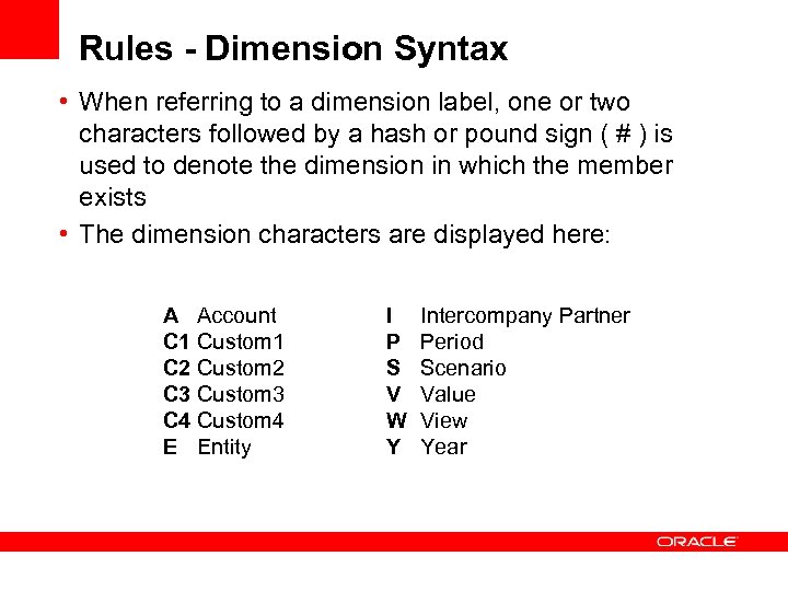 Rules - Dimension Syntax • When referring to a dimension label, one or two