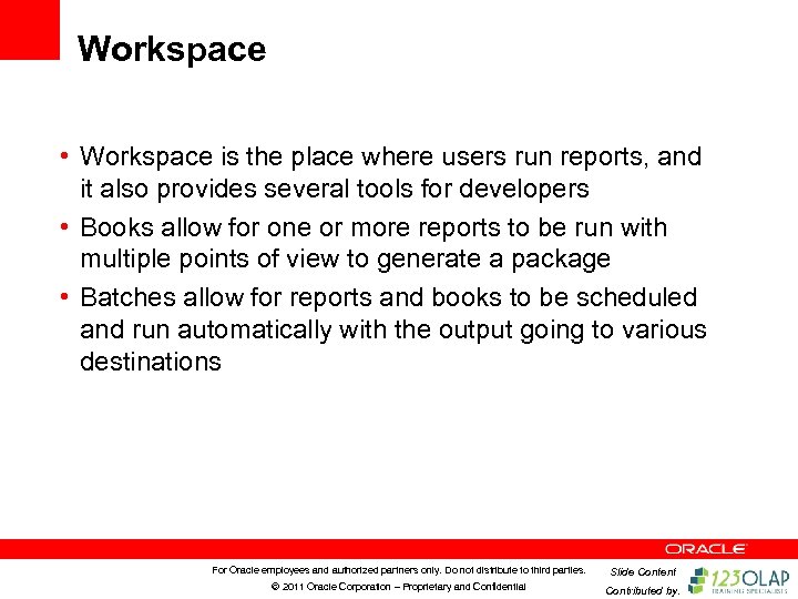 Workspace • Workspace is the place where users run reports, and it also provides