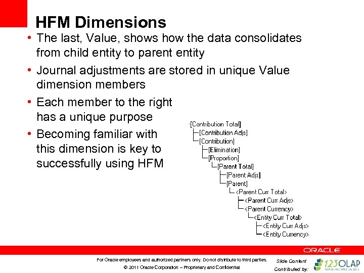 HFM Dimensions • The last, Value, shows how the data consolidates from child entity