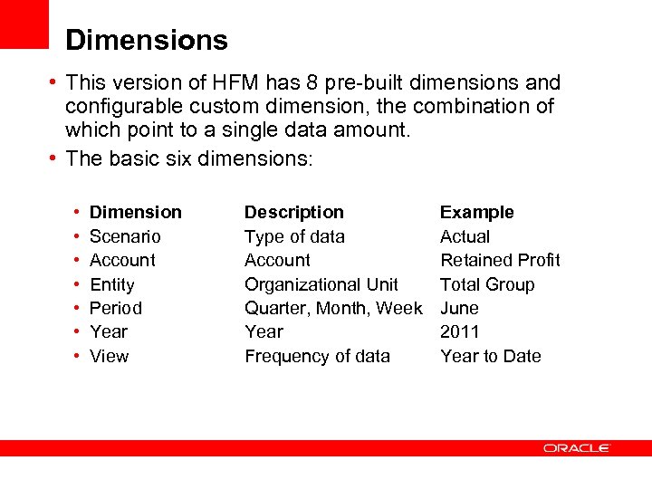 Dimensions • This version of HFM has 8 pre-built dimensions and configurable custom dimension,