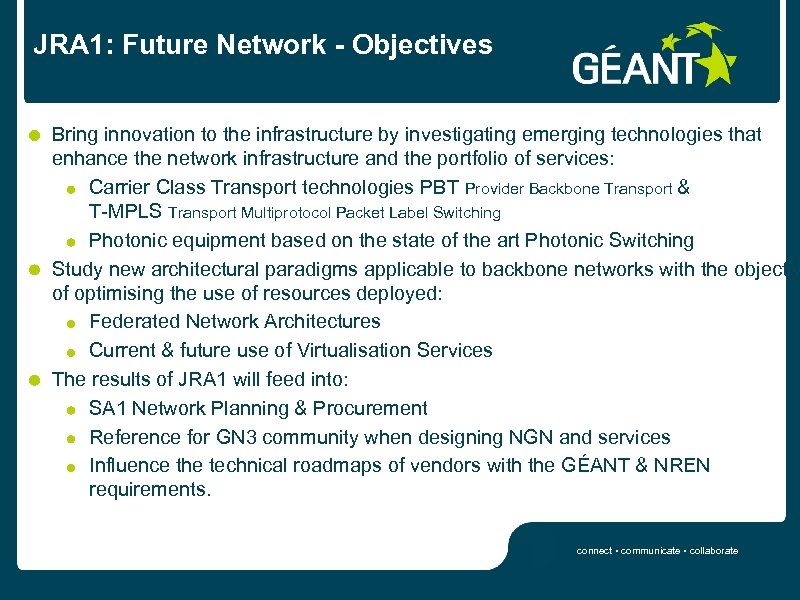 JRA 1: Future Network - Objectives Bring innovation to the infrastructure by investigating emerging