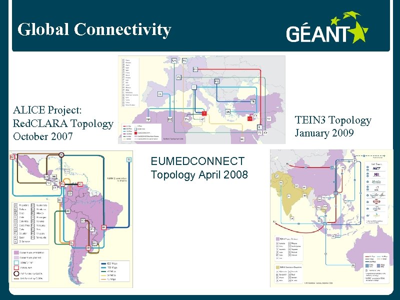 Global Connectivity ALICE Project: Red. CLARA Topology October 2007 TEIN 3 Topology January 2009