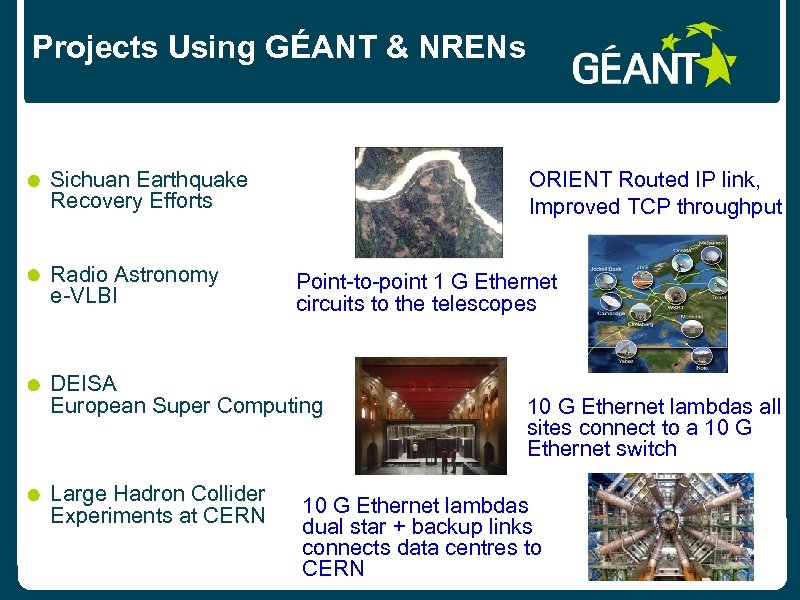 Projects Using GÉANT & NRENs Sichuan Earthquake Recovery Efforts Radio Astronomy e-VLBI ORIENT Routed