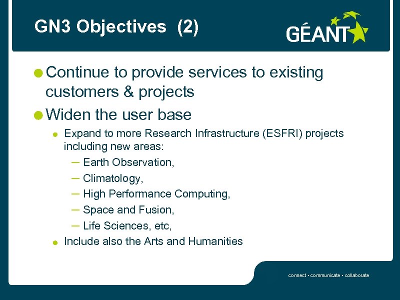 GN 3 Objectives (2) Continue to provide services to existing customers & projects Widen