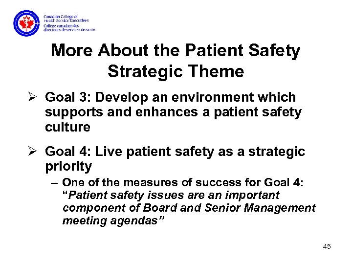 More About the Patient Safety Strategic Theme Ø Goal 3: Develop an environment which