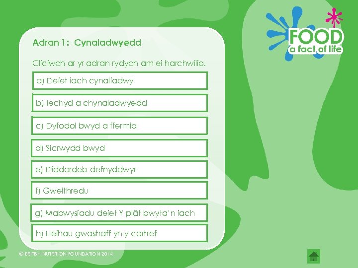 Adran 1: Cynaladwyedd Cliciwch ar yr adran rydych am ei harchwilio. a) Deiet iach