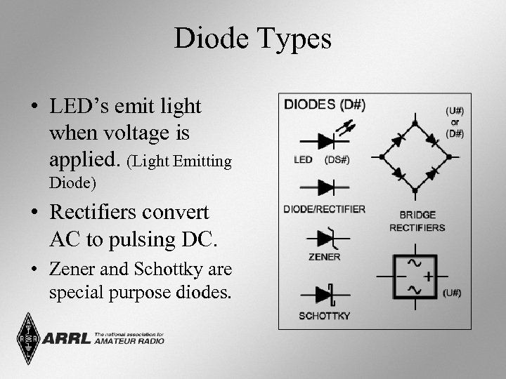 Diode Types • LED’s emit light when voltage is applied. (Light Emitting Diode) •