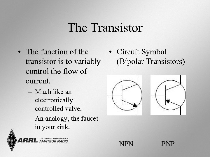 The Transistor • The function of the • Circuit Symbol transistor is to variably