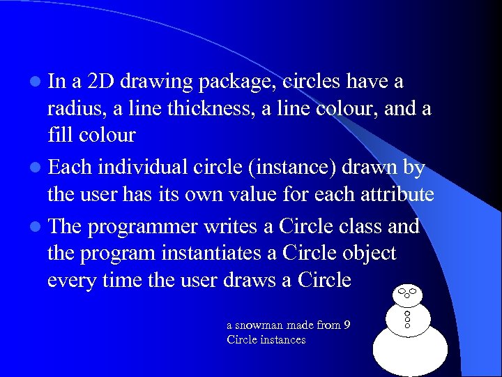 l In a 2 D drawing package, circles have a radius, a line thickness,