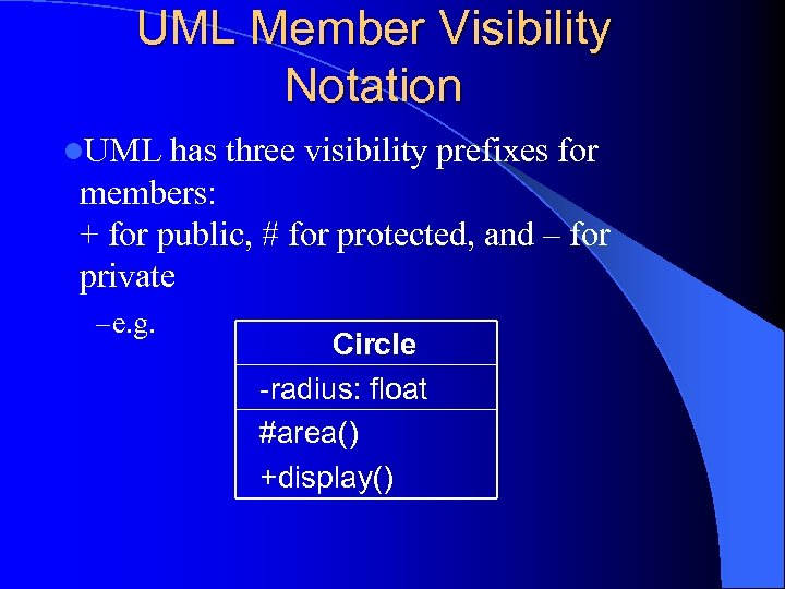 UML Member Visibility Notation l. UML has three visibility prefixes for members: + for