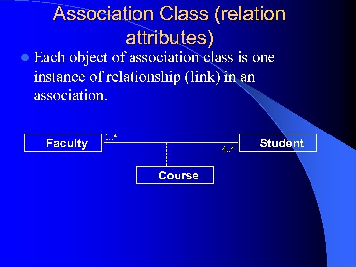 Association Class (relation attributes) l Each object of association class is one instance of