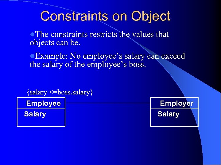 Constraints on Object l. The constraints restricts the values that objects can be. l.