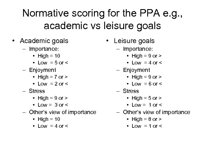 Normative scoring for the PPA e. g. , academic vs leisure goals • Academic