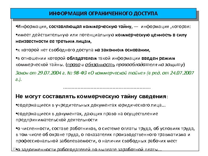 ИНФОРМАЦИЯ ОГРАНИЧЕННОГО ДОСТУПА • Информация, составляющая коммерческую тайну, — информация , которая: • имеет