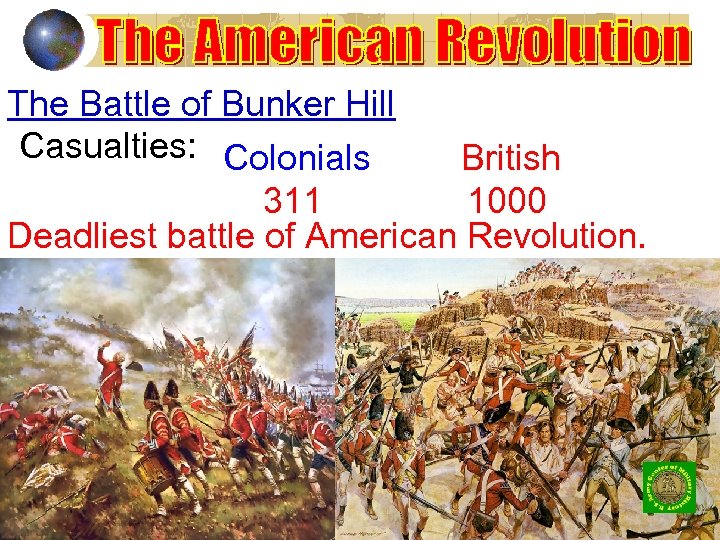 The Battle of Bunker Hill Casualties: Colonials British 311 1000 Deadliest battle of American
