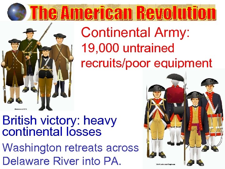 Continental Army: 19, 000 untrained recruits/poor equipment British victory: heavy continental losses Washington retreats