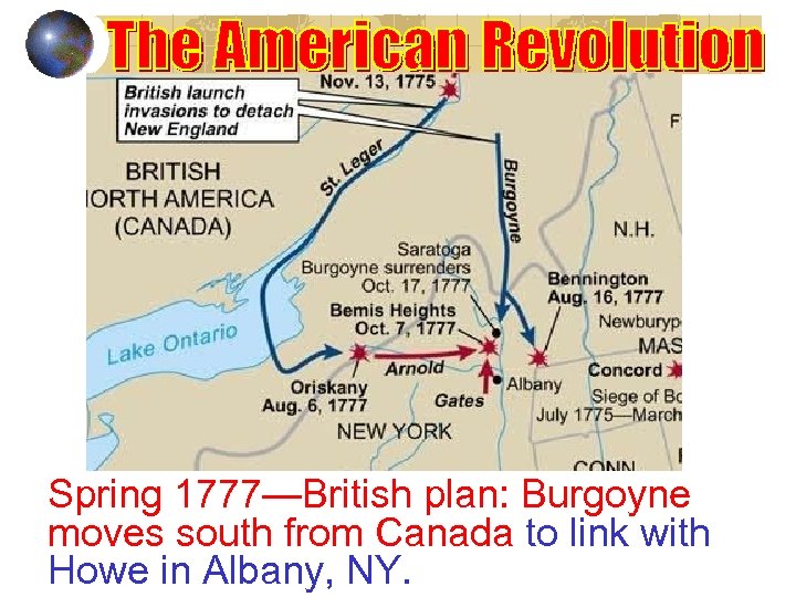 Spring 1777—British plan: Burgoyne moves south from Canada to link with Howe in Albany,