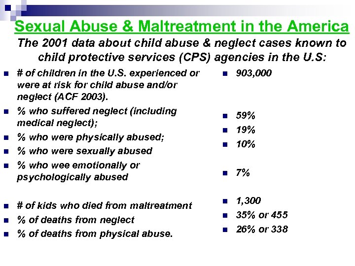 Sexual Abuse & Maltreatment in the America The 2001 data about child abuse &