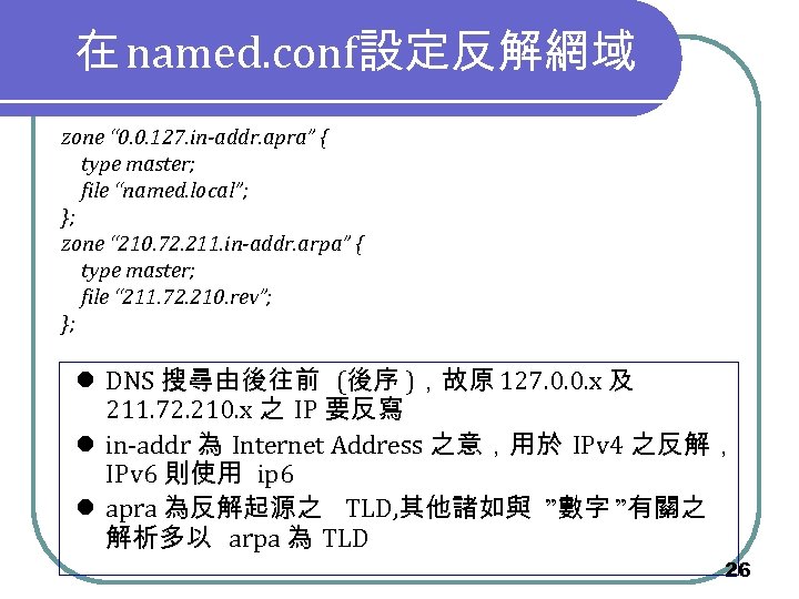 在 named. conf設定反解網域 zone “ 0. 0. 127. in-addr. apra” { type master; file