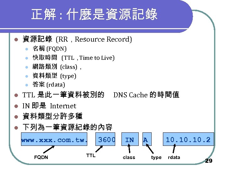 正解 : 什麼是資源記錄 l 資源記錄 (RR， Resource Record) l l l 名稱 (FQDN) 快取時間