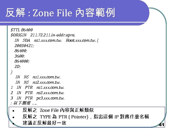 反解 : Zone File 內容範例 $TTL 86400 $ORIGIN 211. 72. 211. in-addr. apra. IN