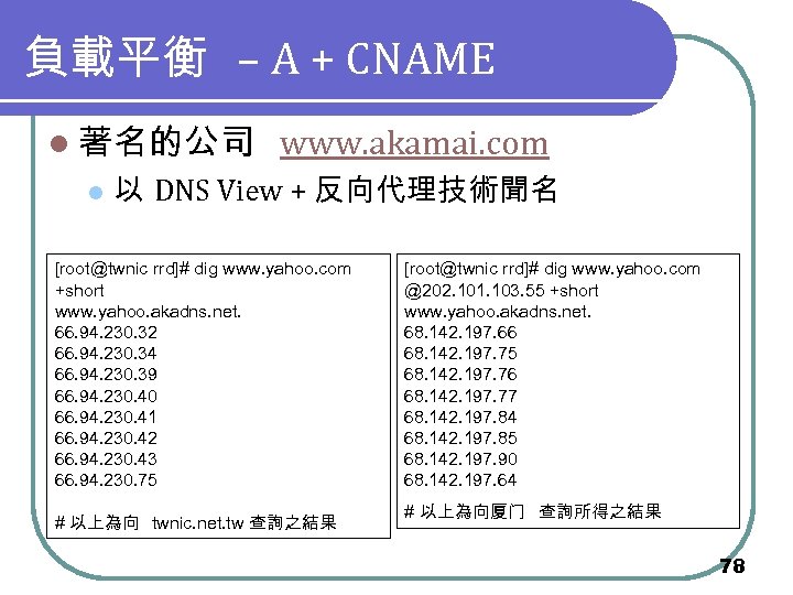 負載平衡 – A + CNAME l 著名的公司 l www. akamai. com 以 DNS View