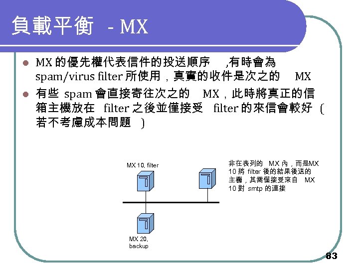負載平衡 - MX MX 的優先權代表信件的投送順序 , 有時會為 spam/virus filter 所使用，真實的收件是次之的 MX l 有些 spam