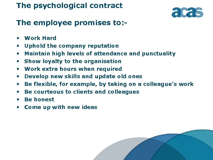 The psychological contract The employee promises to: • • • Work Hard Uphold the