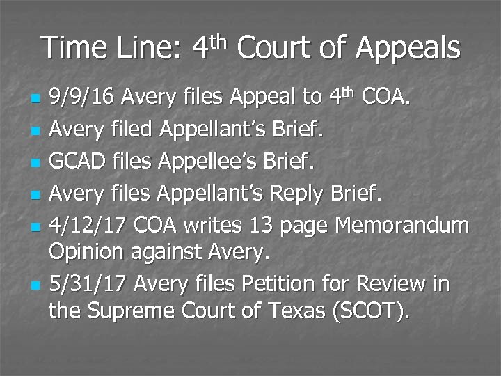 Time Line: 4 th Court of Appeals n n n 9/9/16 Avery files Appeal