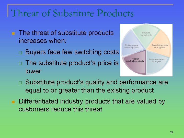 Threat of Substitute Products n The threat of substitute products increases when: q q