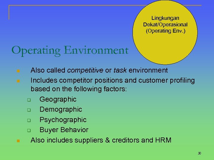 Lingkungan Dekat/Operasional (Operating Env. ) Operating Environment n n n Also called competitive or