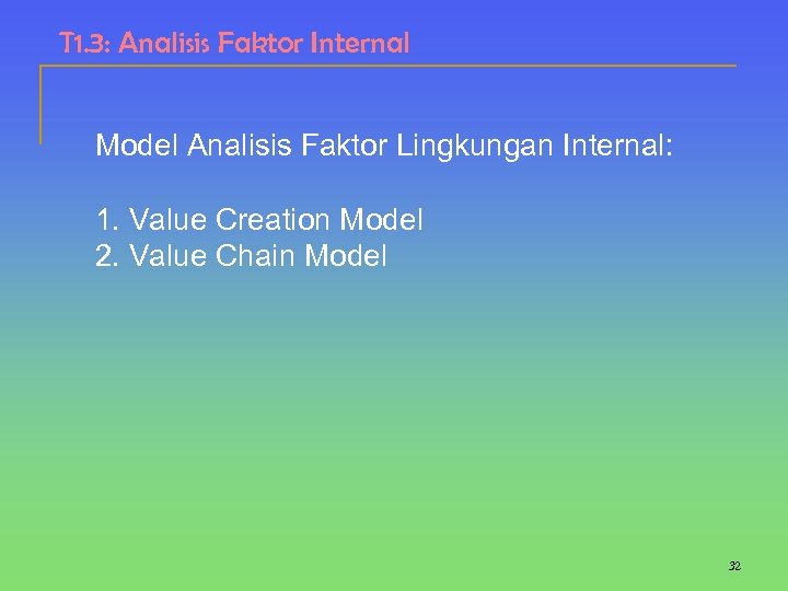 T 1. 3: Analisis Faktor Internal Model Analisis Faktor Lingkungan Internal: 1. Value Creation