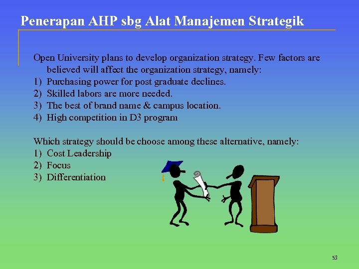 Penerapan AHP sbg Alat Manajemen Strategik Open University plans to develop organization strategy. Few