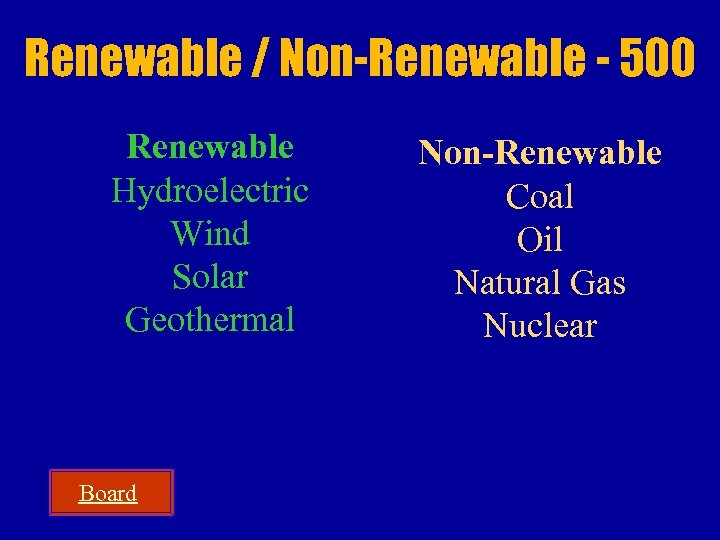 Renewable / Non-Renewable - 500 Renewable Hydroelectric Wind Solar Geothermal Board Non-Renewable Coal Oil