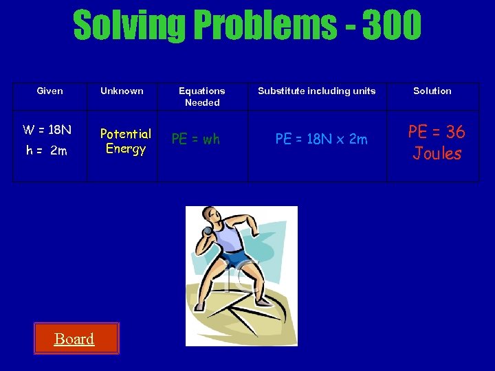 Solving Problems - 300 Given W = 18 N h = 2 m Board