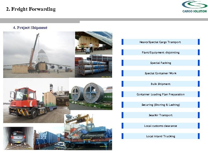 2. Freight Forwarding 4. Project Shipment Heavy/Special Cargo Transport Plant/Equipment disjointing Special Packing Special