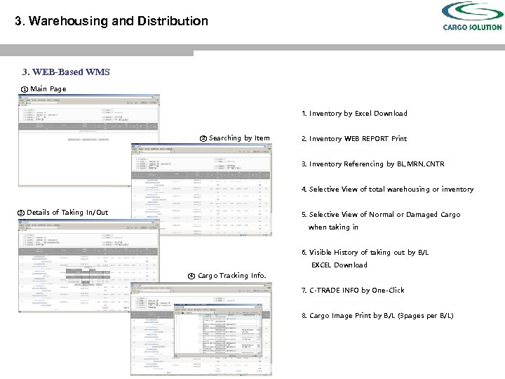 3. Warehousing and Distribution 3. WEB-Based WMS ① Main Page 1. Inventory by Excel