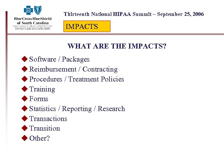 Thirteenth National HIPAA Summit – September 25, 2006 IMPACTS WHAT ARE THE IMPACTS? u