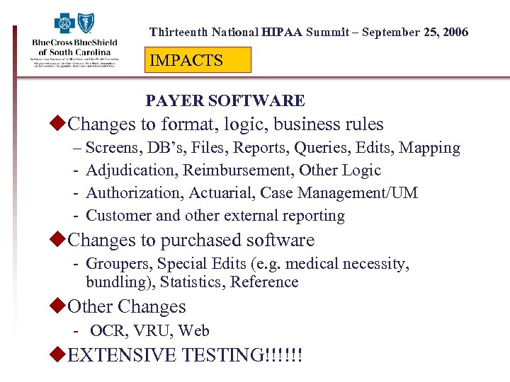 Thirteenth National HIPAA Summit – September 25, 2006 IMPACTS PAYER SOFTWARE u. Changes to