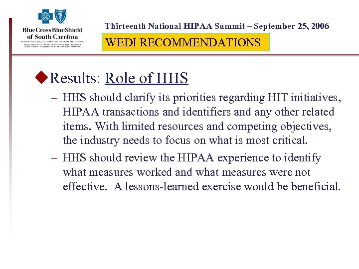 Thirteenth National HIPAA Summit – September 25, 2006 WEDI RECOMMENDATIONS u. Results: Role of